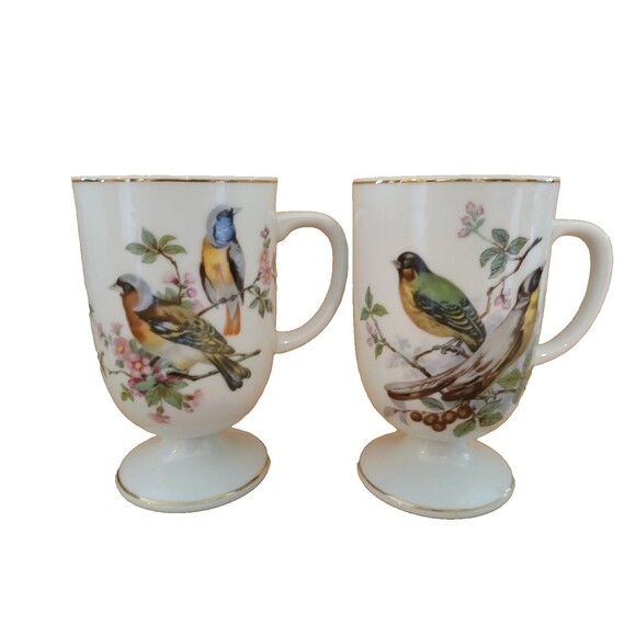 Fine Porcelain Birds Pedestal Mug Set 16 oz 4-Piece Made in Japan Vintage - Picture 3 of 16